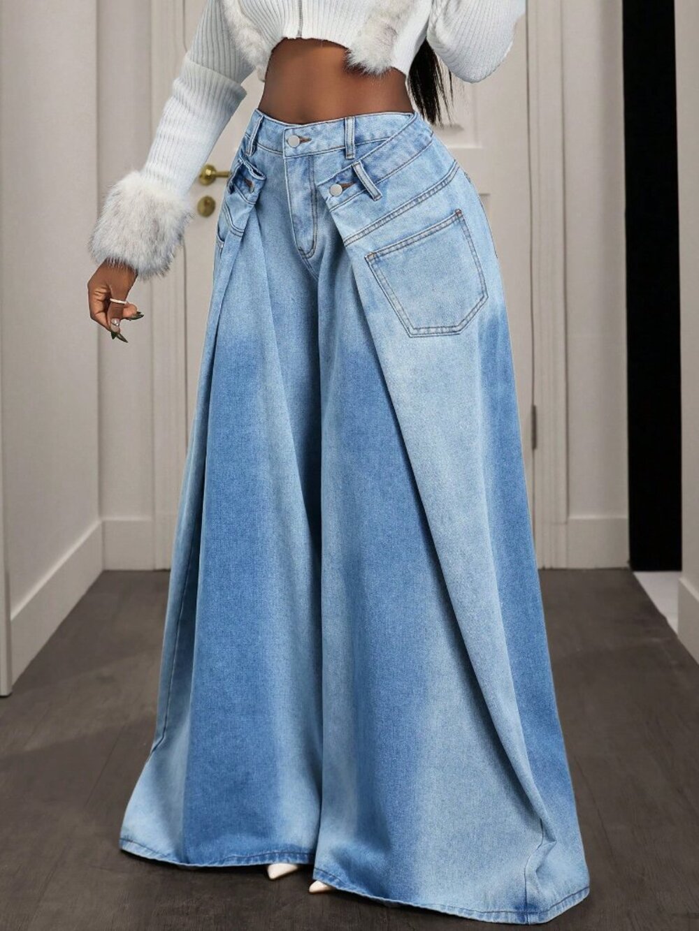 Washed Blue Casual Women's Gradient Fold Pleated Detail Loose Wide-Leg Jeans